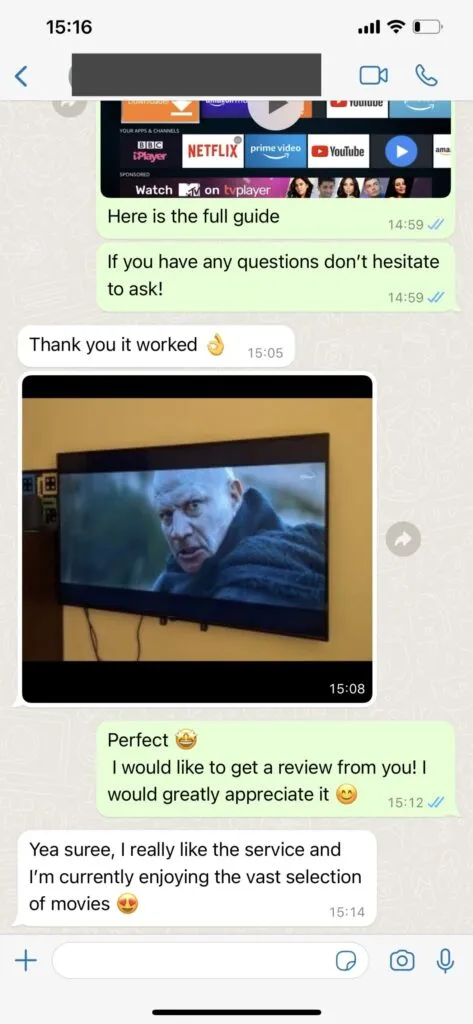 WhatsApp customer support chat showing instant IPTV activation